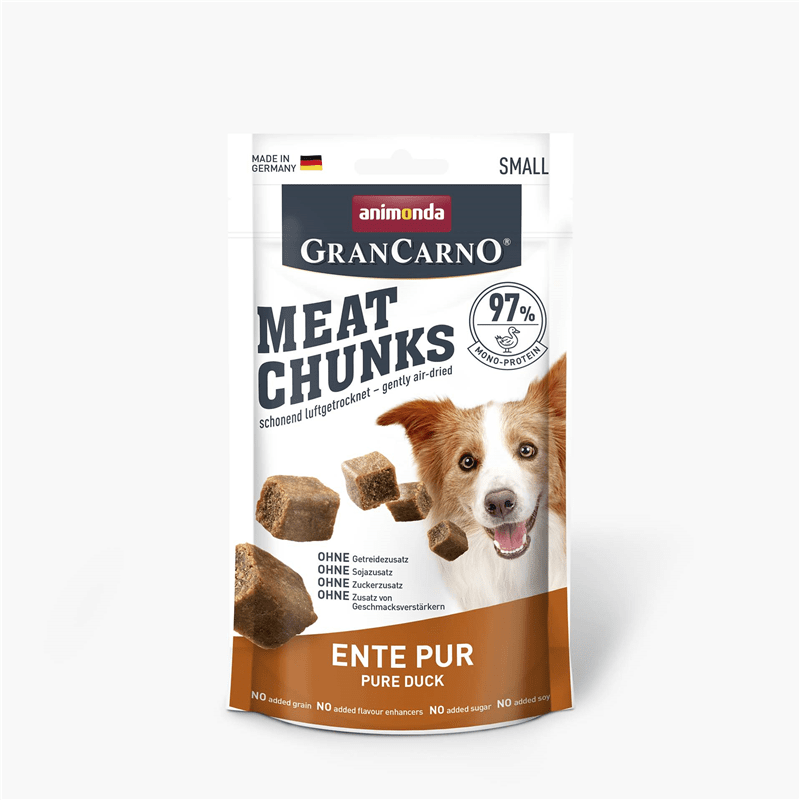 Animonda GranCarno Ente pur dog snack pouch with 97% mono-protein duck meat chunks, air-dried and grain-free