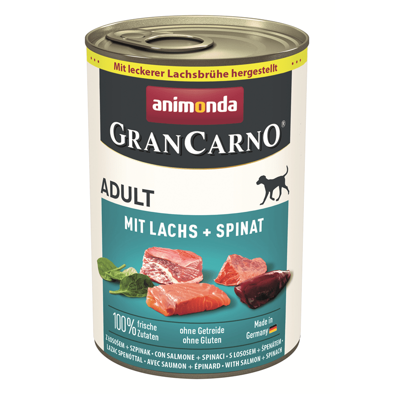 Animonda GranCarno Adult wet dog food can with salmon and spinach, grain-free Made in Germany