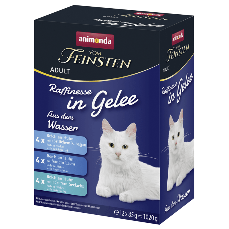 Animonda Vom Feinsten Raffinesse in Gelee Adult cat food variety pack with chicken, cod, salmon, and haddock, grain-free wet food for cats