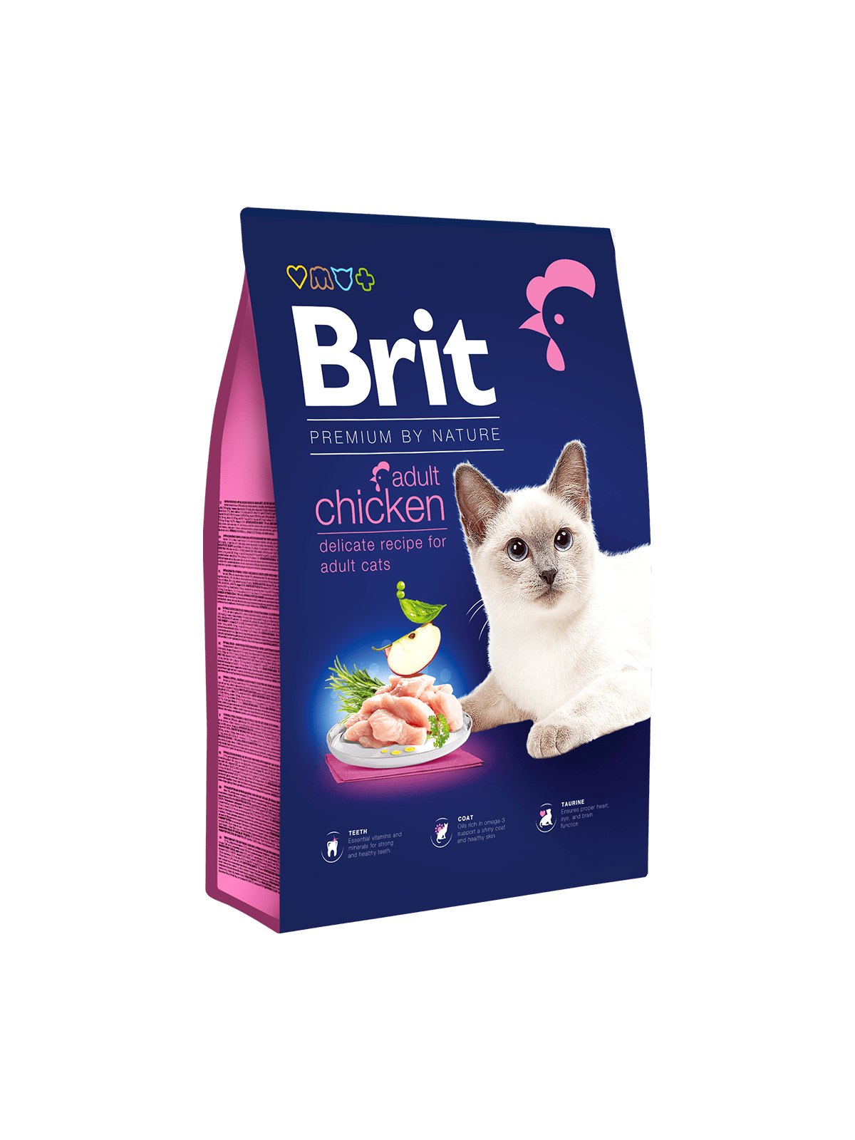 Brit Premium by Nature Adult Chicken cat food bag with delicate recipe, raw chicken illustration, and teeth coat benefits