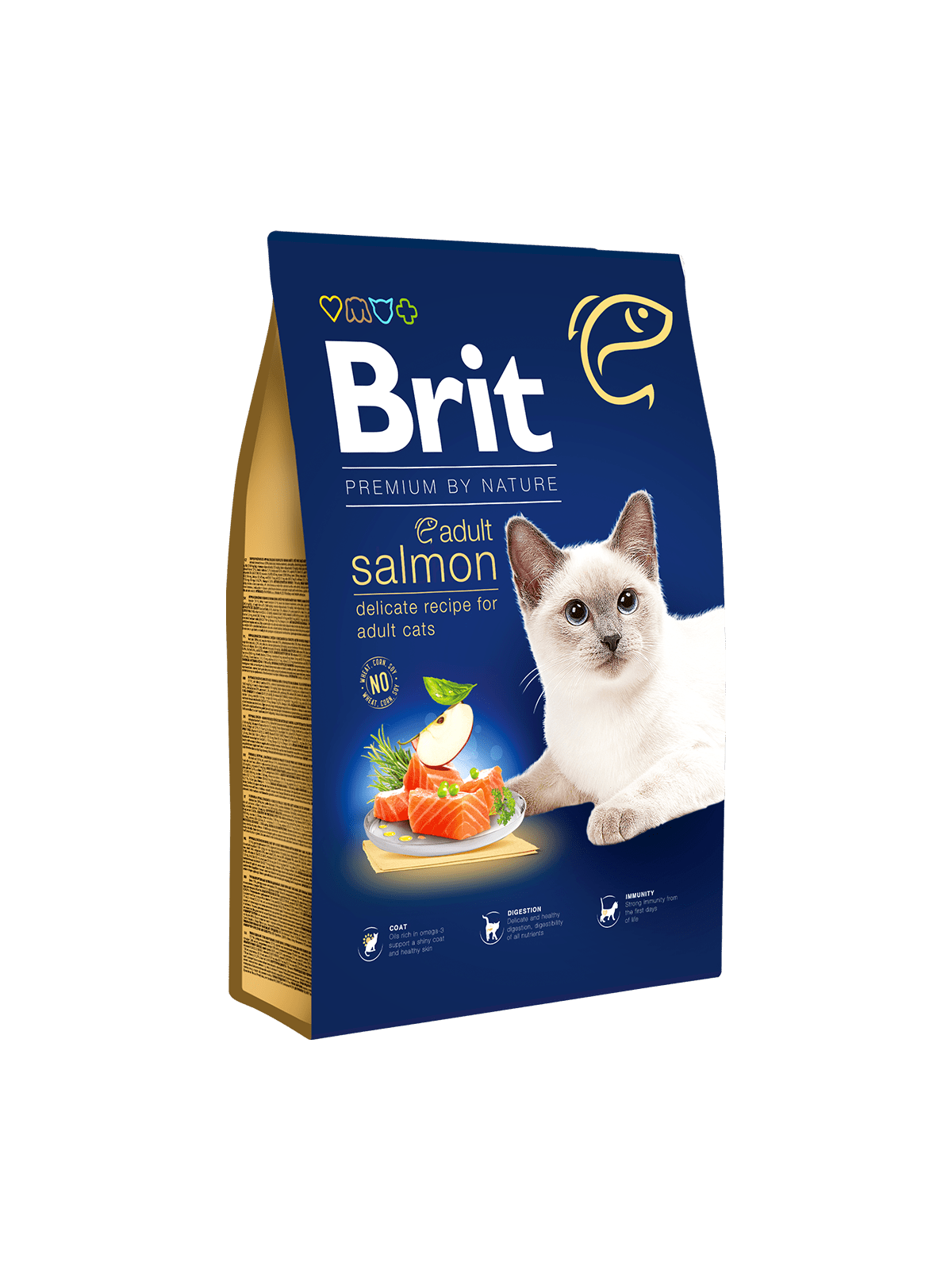 Brit Premium by Nature Adult Salmon cat food bag with delicate recipe, salmon illustration, and immunity icons