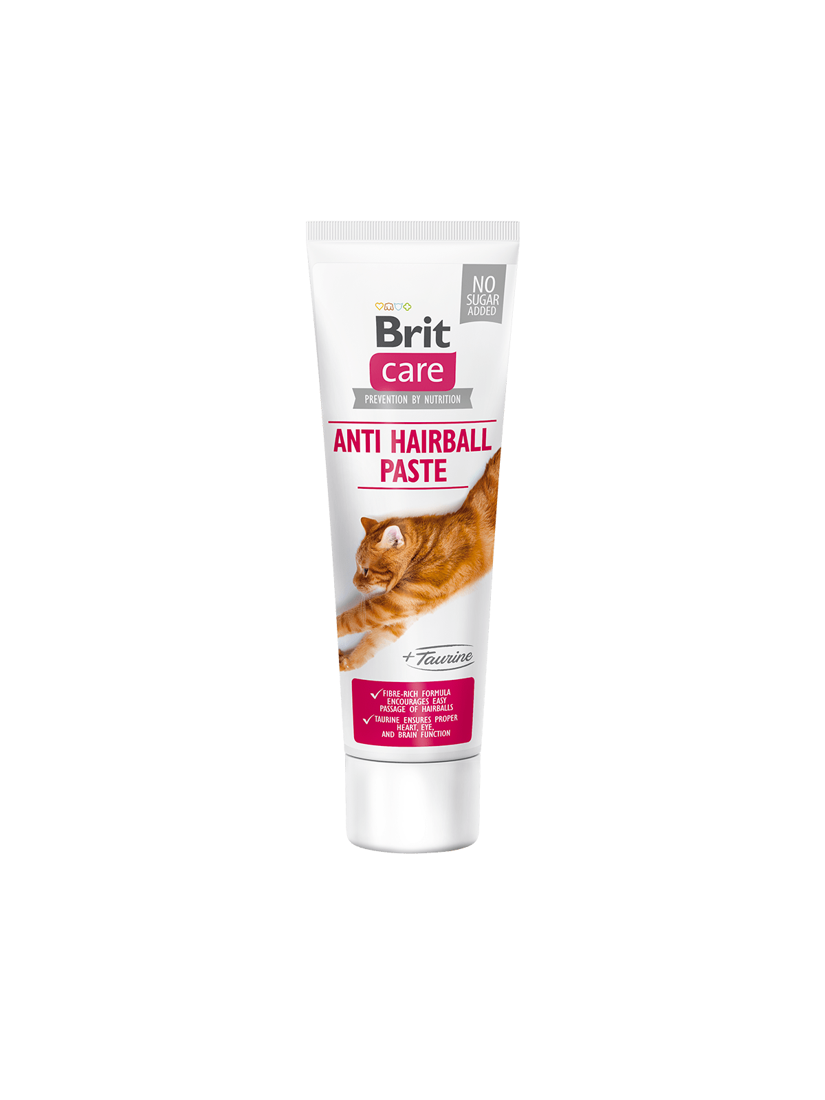 Brit Premium Anti Hairball Cat Paste with Taurine in white tube, sugar-free fiber-rich formula for easy hairball passage