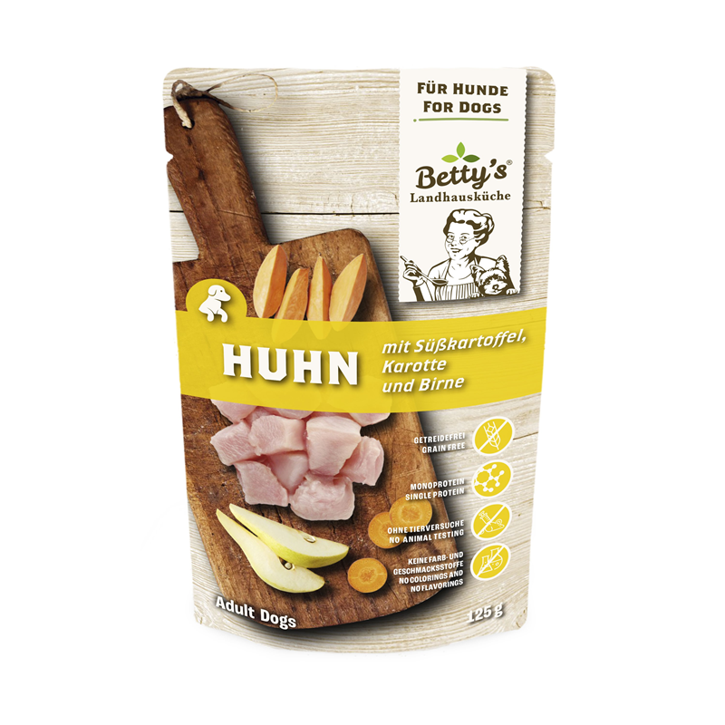 Artikel mit dem Namen Betty's Landhausküche Hund Frischebeutel Huhn mit Süßkartoffel im Shop von zoo.de , dem Onlineshop für nachhaltiges Hundefutter und Katzenfutter.