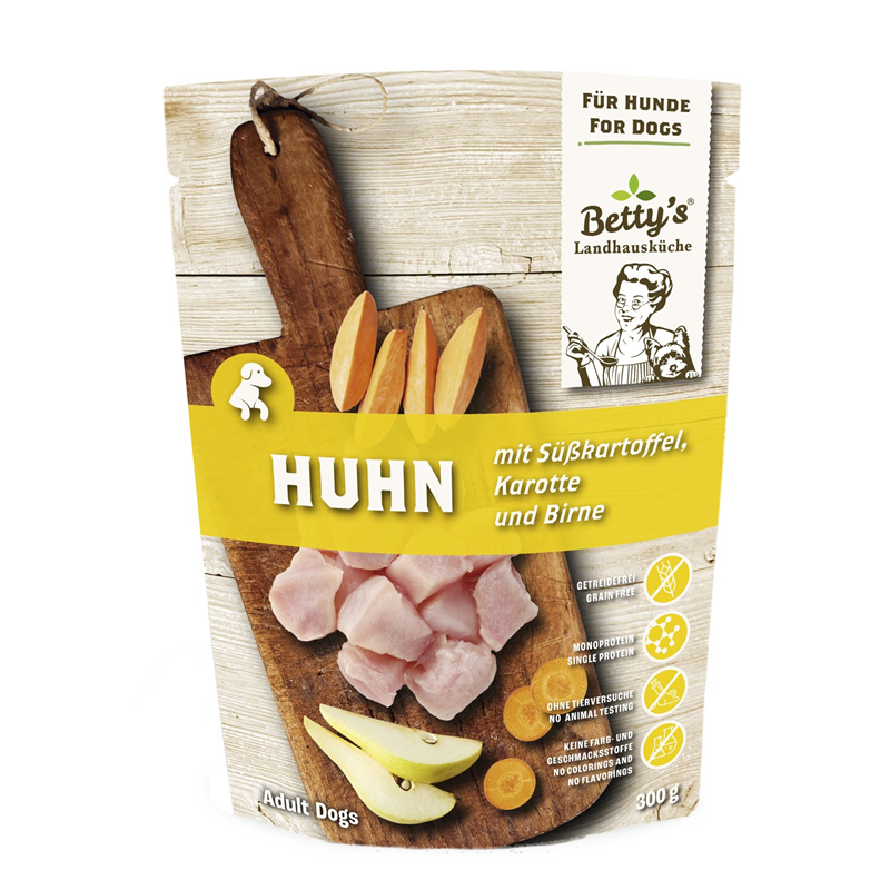 Artikel mit dem Namen Betty's Landhausküche Hund Frischebeutel Huhn mit Süßkartoffel im Shop von zoo.de , dem Onlineshop für nachhaltiges Hundefutter und Katzenfutter.