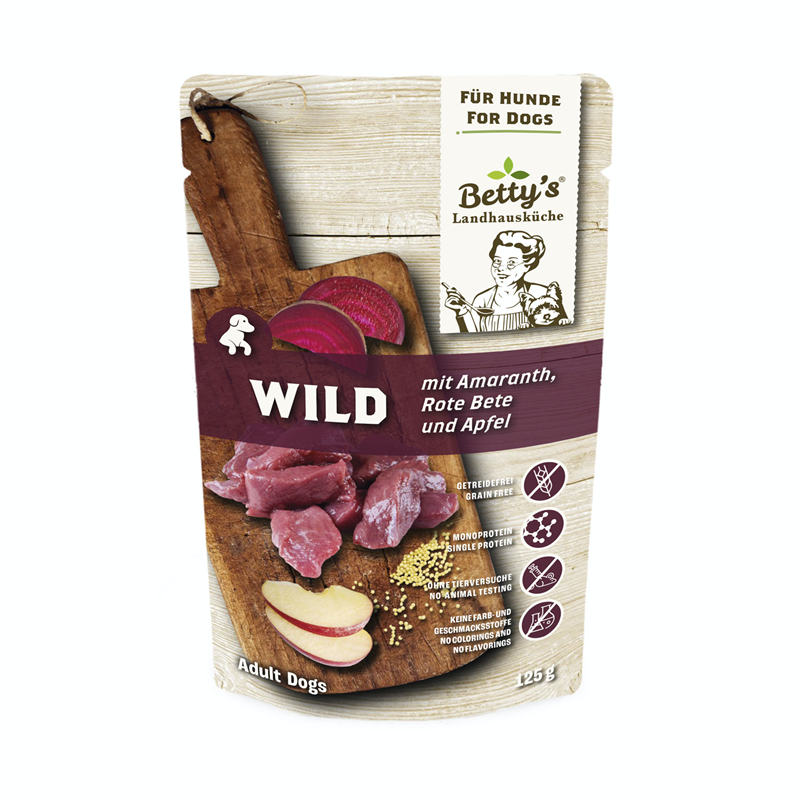 Artikel mit dem Namen Betty's Landhausküche Hund Frischebeutel Wild mit Rote Beete im Shop von zoo.de , dem Onlineshop für nachhaltiges Hundefutter und Katzenfutter.