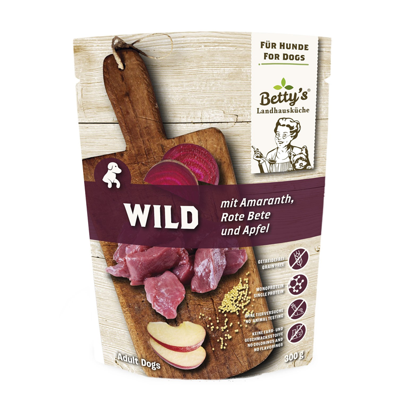 Artikel mit dem Namen Betty's Landhausküche Hund Frischebeutel Wild mit Amaranth im Shop von zoo.de , dem Onlineshop für nachhaltiges Hundefutter und Katzenfutter.