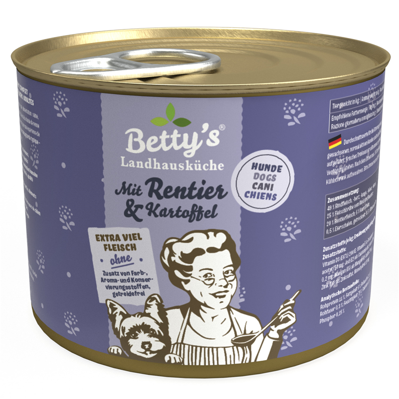 Artikel mit dem Namen Betty's Landhausküche Hund: Rentier & Kartoffel im Shop von zoo.de , dem Onlineshop für nachhaltiges Hundefutter und Katzenfutter.