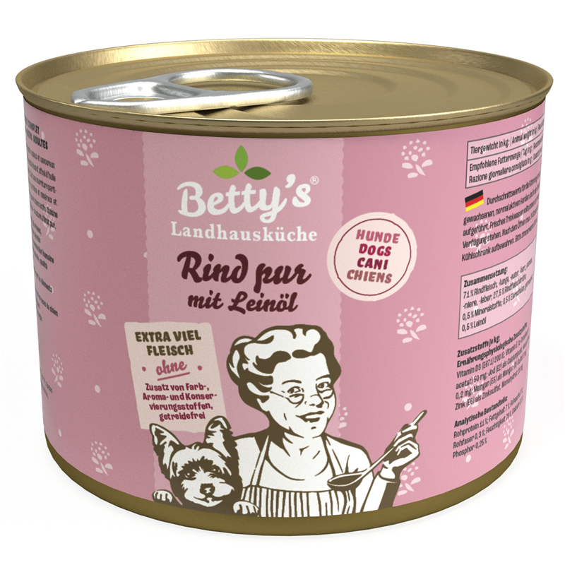 Artikel mit dem Namen Betty's Landhausküche Hund: Rind pur mit Leinöl im Shop von zoo.de , dem Onlineshop für nachhaltiges Hundefutter und Katzenfutter.