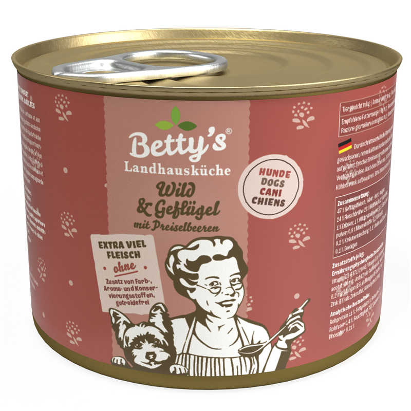 Artikel mit dem Namen Betty's Landhausküche Hund: Wild & Geflügel im Shop von zoo.de , dem Onlineshop für nachhaltiges Hundefutter und Katzenfutter.