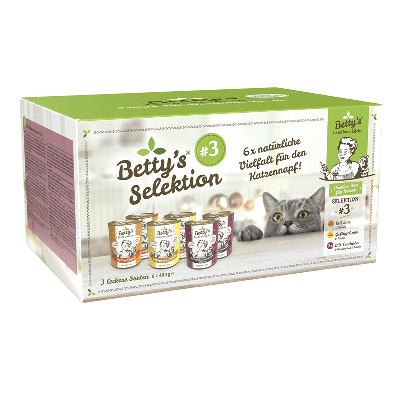 Betty's Landhausküche cat food selection box with 6 cans of natural wet food varieties