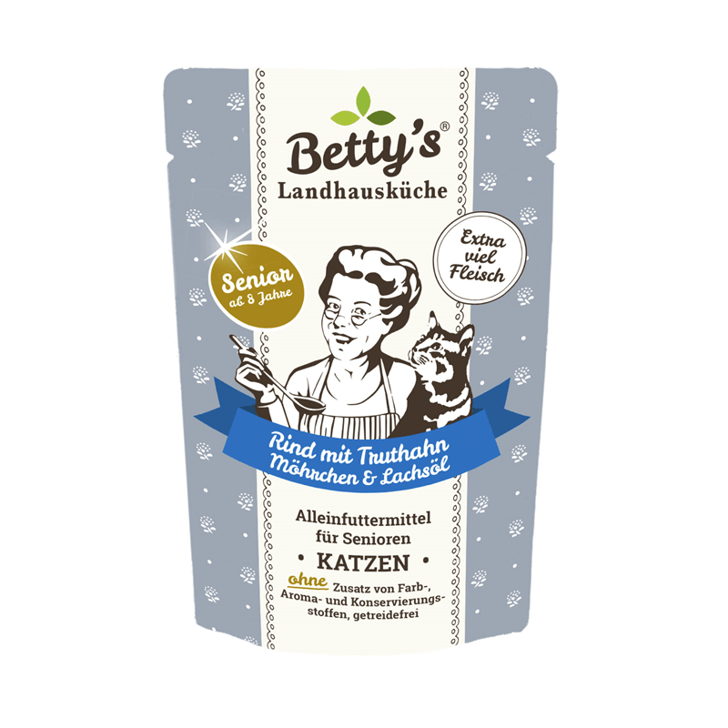 Artikel mit dem Namen Betty's Landhausküche Katze SENIOR Frischebeutel Rind & Truthahn & Möhrchen im Shop von zoo.de , dem Onlineshop für nachhaltiges Hundefutter und Katzenfutter.