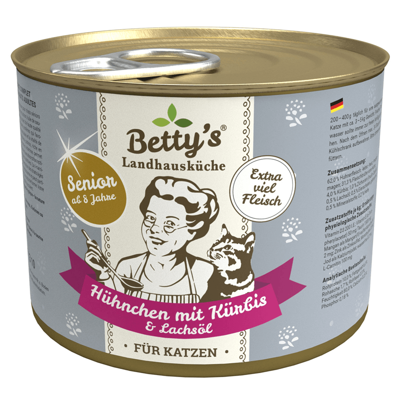 Artikel mit dem Namen Betty's Landhausküche Katze SENIOR Hühnchen & Kürbis im Shop von zoo.de , dem Onlineshop für nachhaltiges Hundefutter und Katzenfutter.