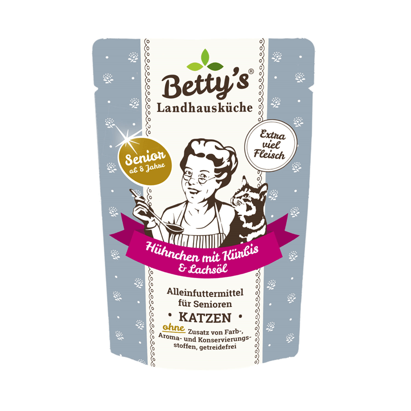 Artikel mit dem Namen Betty's Landhausküche Katze SENIOR Hühnchen & Kürbis im Shop von zoo.de , dem Onlineshop für nachhaltiges Hundefutter und Katzenfutter.