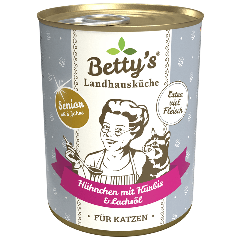 Artikel mit dem Namen Betty's Landhausküche Katze SENIOR Hühnchen & Kürbis im Shop von zoo.de , dem Onlineshop für nachhaltiges Hundefutter und Katzenfutter.