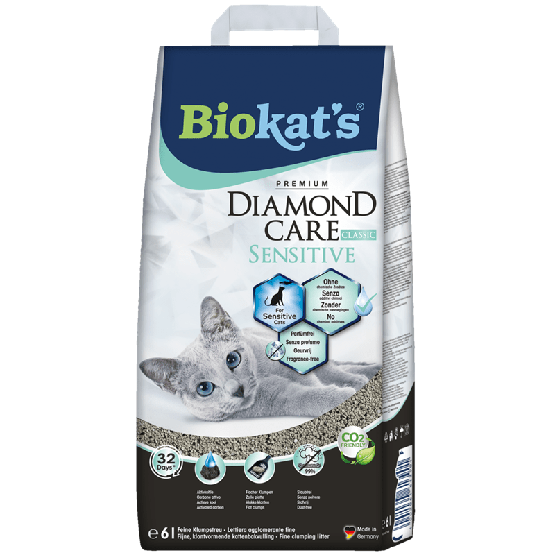Biokat's Diamond Care Sensitive cat litter 6L bag, fragrance-free fine clumping litter for sensitive cats