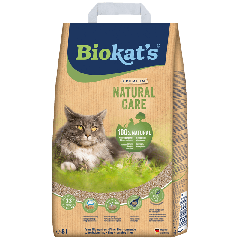 Biokats Natural Care 8L biodegradable cat litter in brown paper bag with gray and white cat image