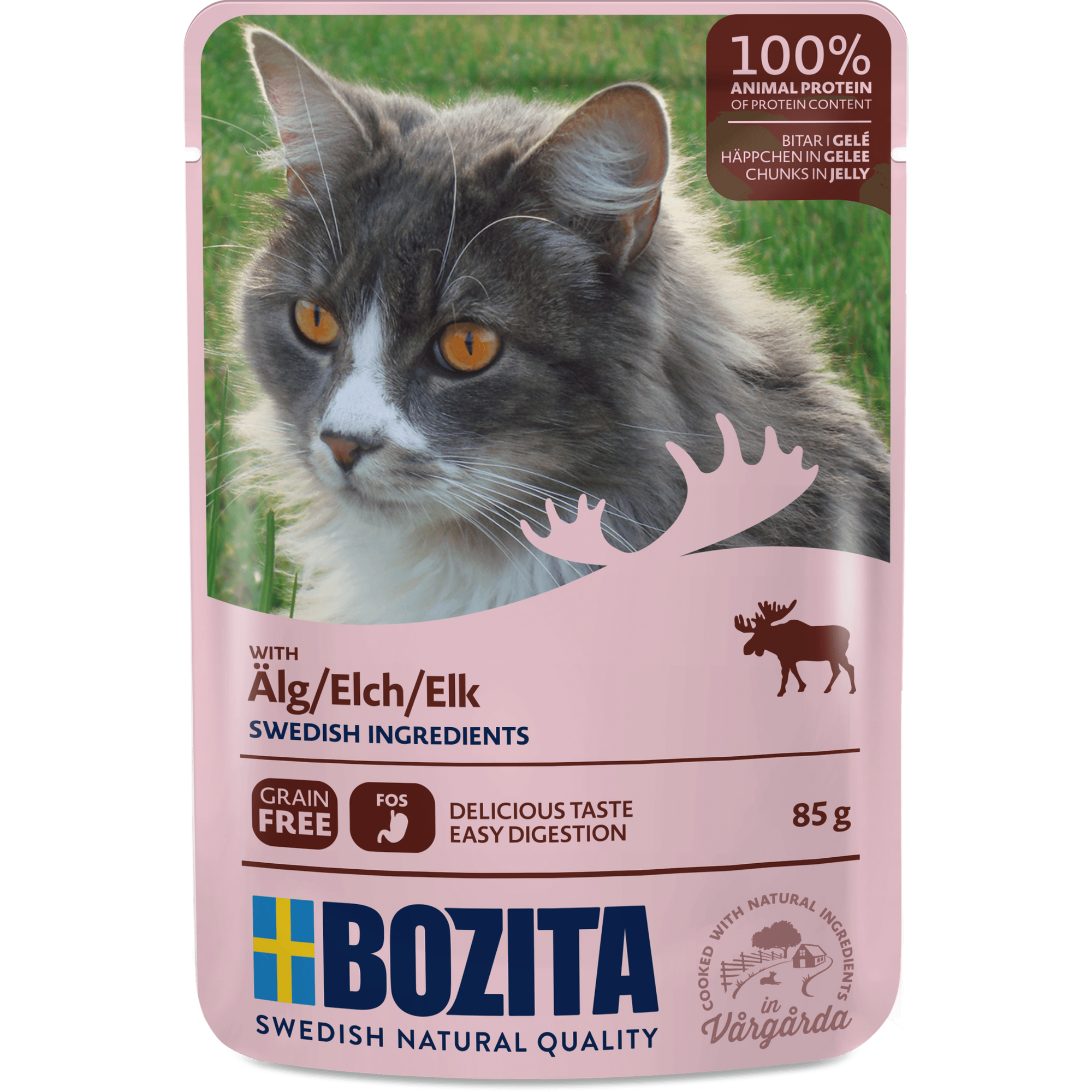 Artikel mit dem Namen Bozita Cat Häppchen in Gelee mit Elch im Shop von zoo.de , dem Onlineshop für nachhaltiges Hundefutter und Katzenfutter.