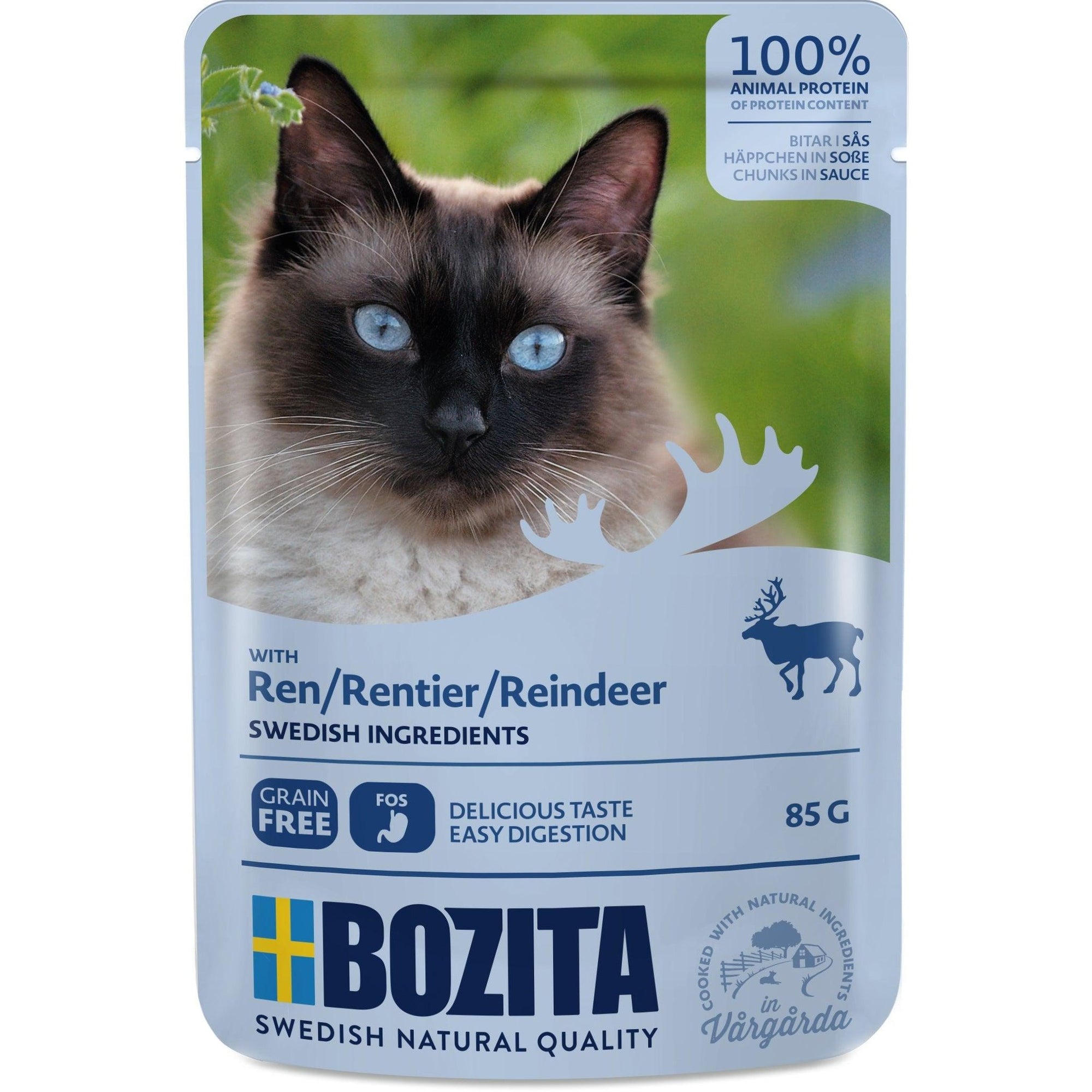 Artikel mit dem Namen Bozita Cat Häppchen in Soße mit Rentier im Shop von zoo.de , dem Onlineshop für nachhaltiges Hundefutter und Katzenfutter.