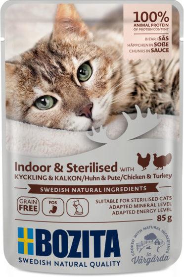 Artikel mit dem Namen Bozita Cat Indoor&Sterilised Häppchen in Soße Huhn&Pute im Shop von zoo.de , dem Onlineshop für nachhaltiges Hundefutter und Katzenfutter.