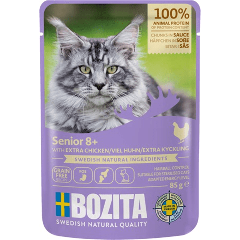 Artikel mit dem Namen Bozita Cat Senior 8+ Häppchen in Sauce mit viel Huhn im Shop von zoo.de , dem Onlineshop für nachhaltiges Hundefutter und Katzenfutter.