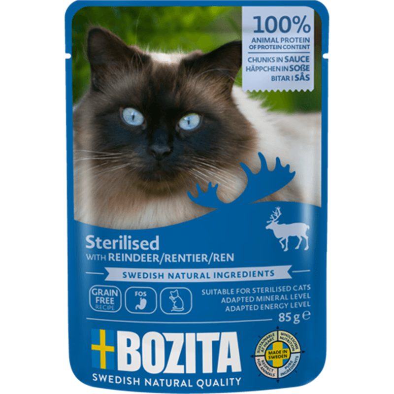 Artikel mit dem Namen Bozita Cat Sterilised Häppchen in Sauce Rentier im Shop von zoo.de , dem Onlineshop für nachhaltiges Hundefutter und Katzenfutter.