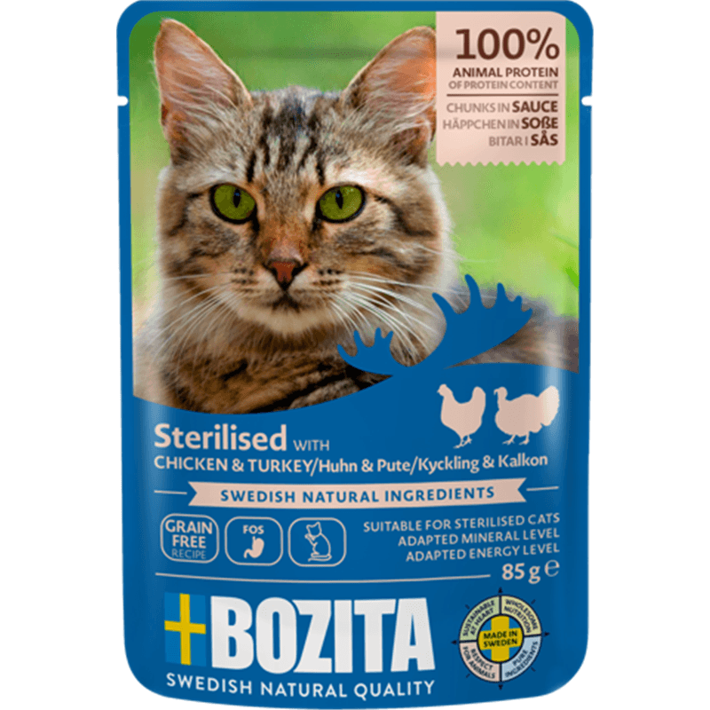 Artikel mit dem Namen Bozita Cat Sterilised Häppchen in Sauce mit Huhn und Pute im Shop von zoo.de , dem Onlineshop für nachhaltiges Hundefutter und Katzenfutter.