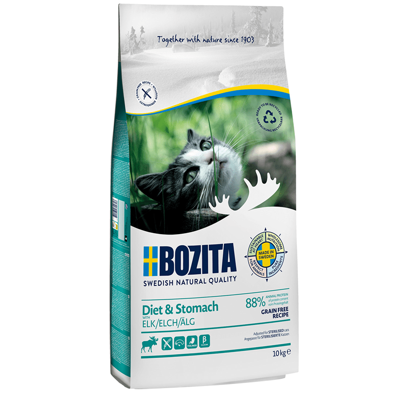 Bozita Diet Stomach grain free cat food with elk in 10 kg bag for sterilized cats