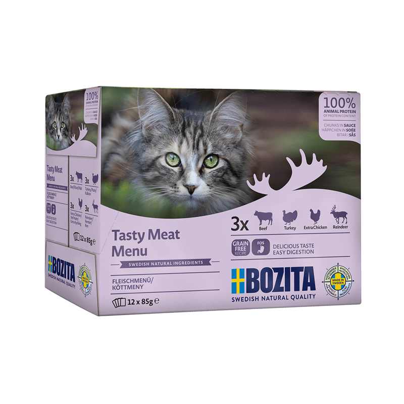 Bozita cat wet food multibox with beef turkey chicken and reindeer in sauce grain free recipe