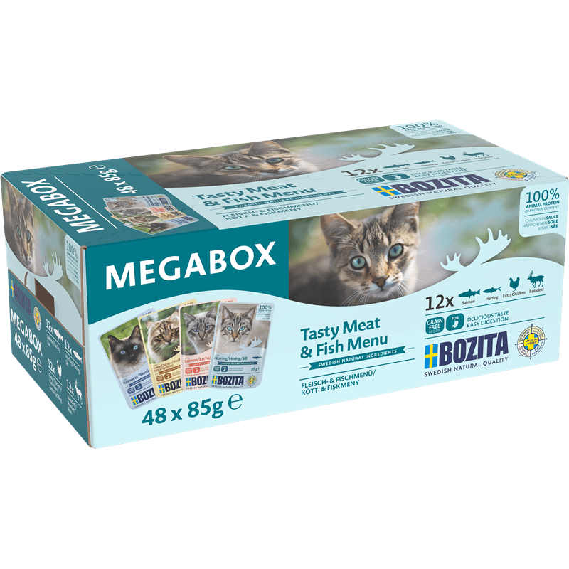 Bozita cat food Megabox with 48 grain-free wet food pouches featuring rabbit, salmon, and venison flavors