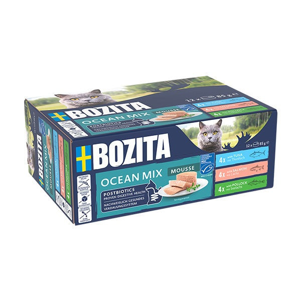 Bozita Ocean Mix Mousse cat food box with tuna salmon pollock flavors and postbiotics for digestive health