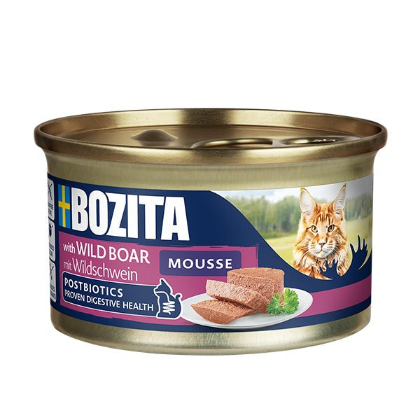 Bozita Mousse Wildschwein cat wet food can with wild boar and postbiotics for digestive health