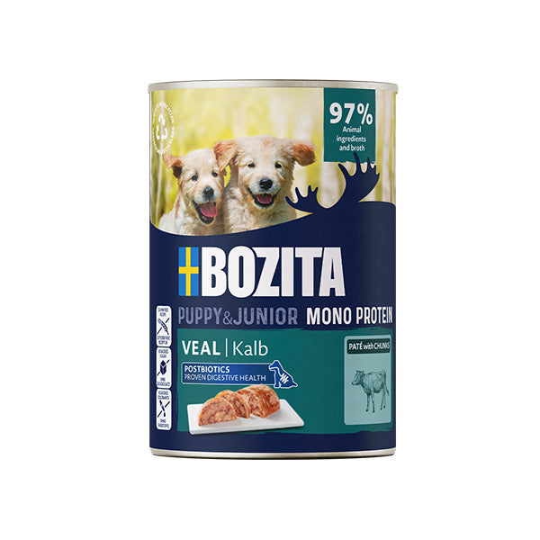 Bozita Pate Puppy Veal wet dog food can with chunks and 97% animal ingredients