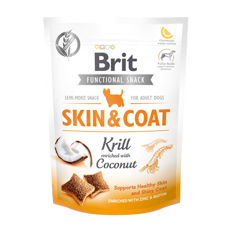 Artikel mit dem Namen Brit Functional Snack Skin & Coat Krill + Kokos im Shop von zoo.de , dem Onlineshop für nachhaltiges Hundefutter und Katzenfutter.