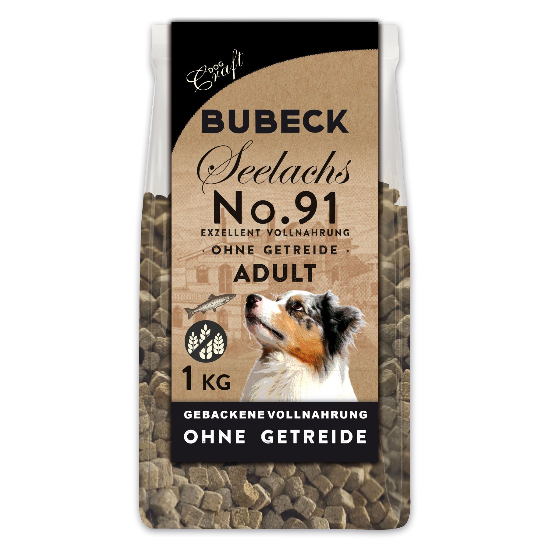 Bubeck No. 91 Seelachs dry dog food 1 kg bag with visible kibble and no grain label