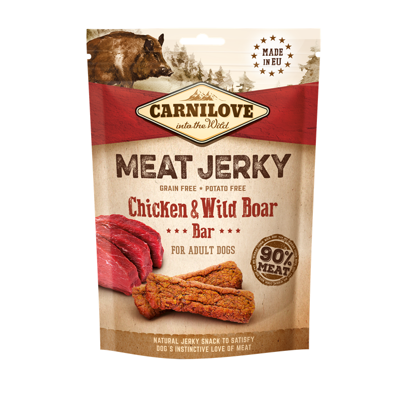 Artikel mit dem Namen Carnilove Dog Snack - Meat Jerky - Chicken & Wild Boar Bar im Shop von zoo.de , dem Onlineshop für nachhaltiges Hundefutter und Katzenfutter.