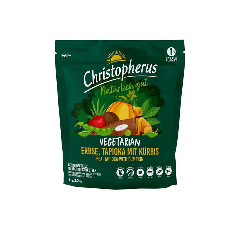 Artikel mit dem Namen Christopherus Vegetarian Erbse & Tapioka & Kürbis im Shop von zoo.de , dem Onlineshop für nachhaltiges Hundefutter und Katzenfutter.