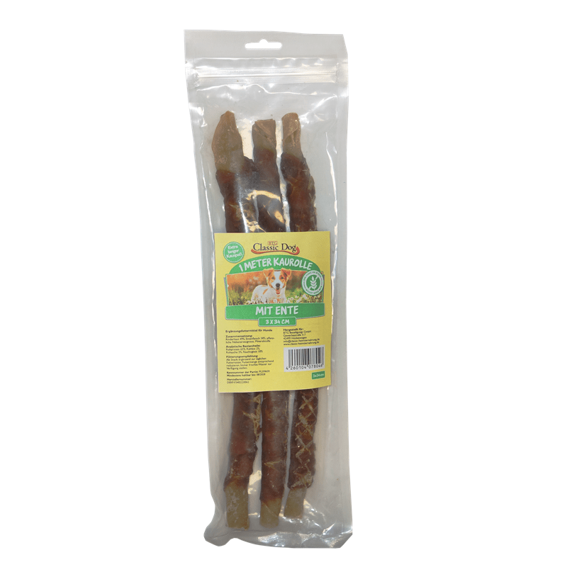 Classic 1m dog chew roll with duck meat, 3x34cm in transparent packaging