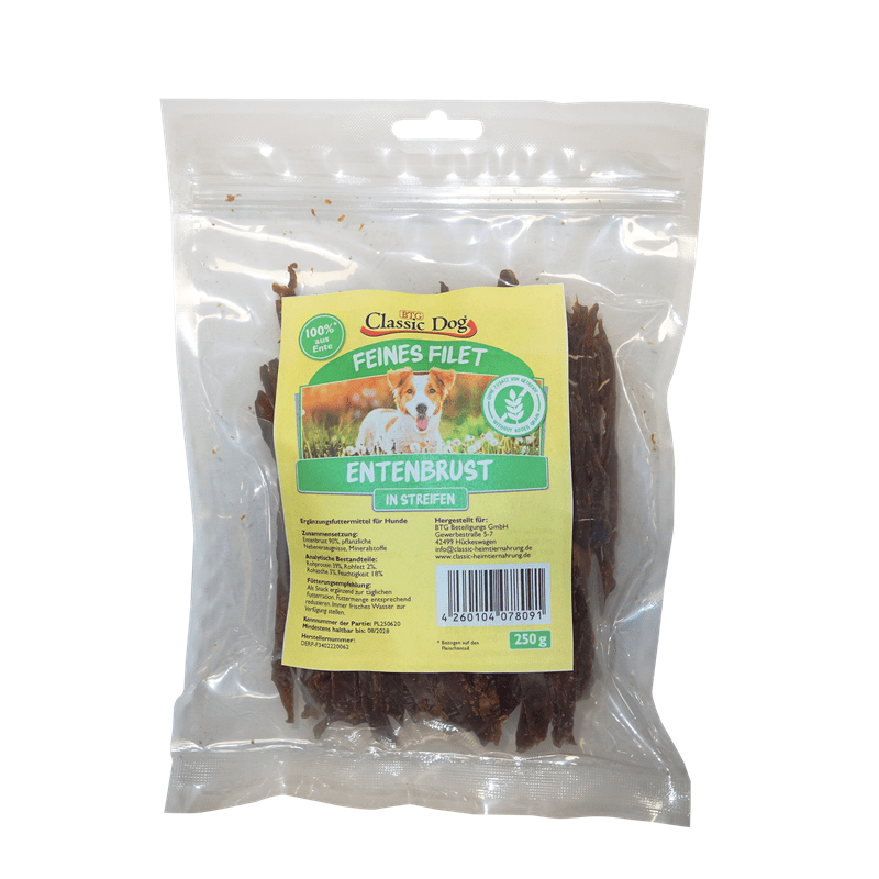 Classic Dog Entenbruststreifen 250g in transparenter Packung