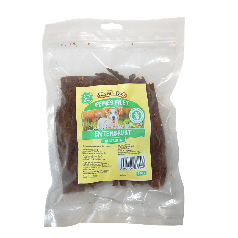 Classic Dog Entenbruststreifen 500g mit Jack Russell Terrier auf Etikett