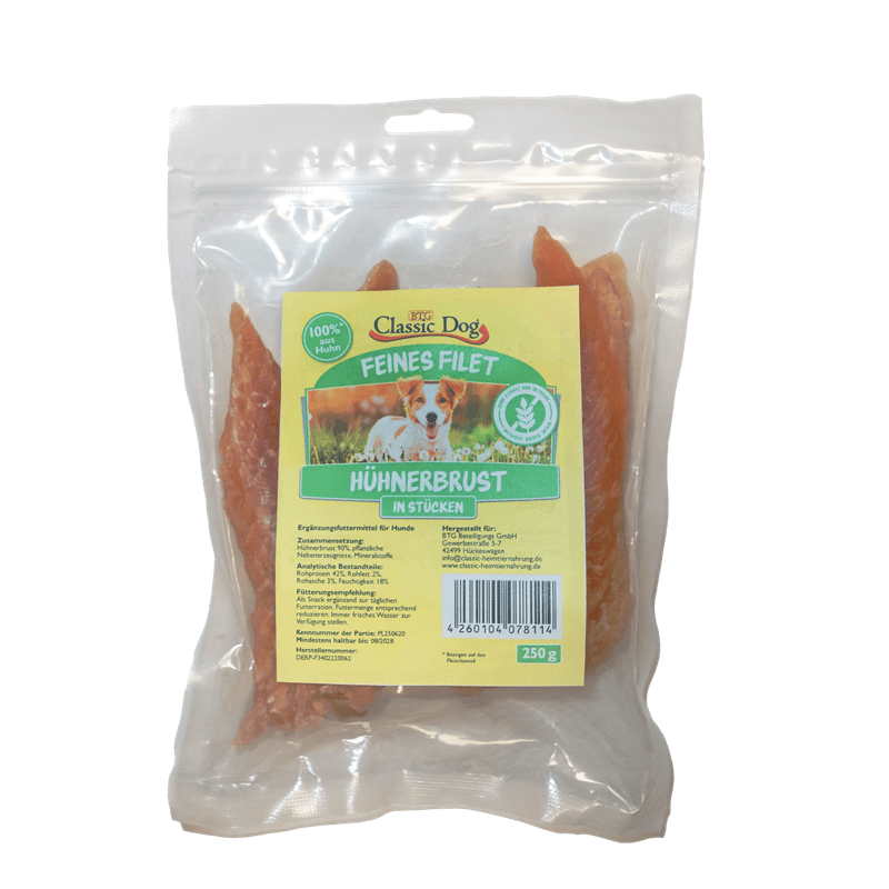 Classic Dog Hühnerbrustfilets 250g in transparenter Verpackung mit gelb-grünem Etikett