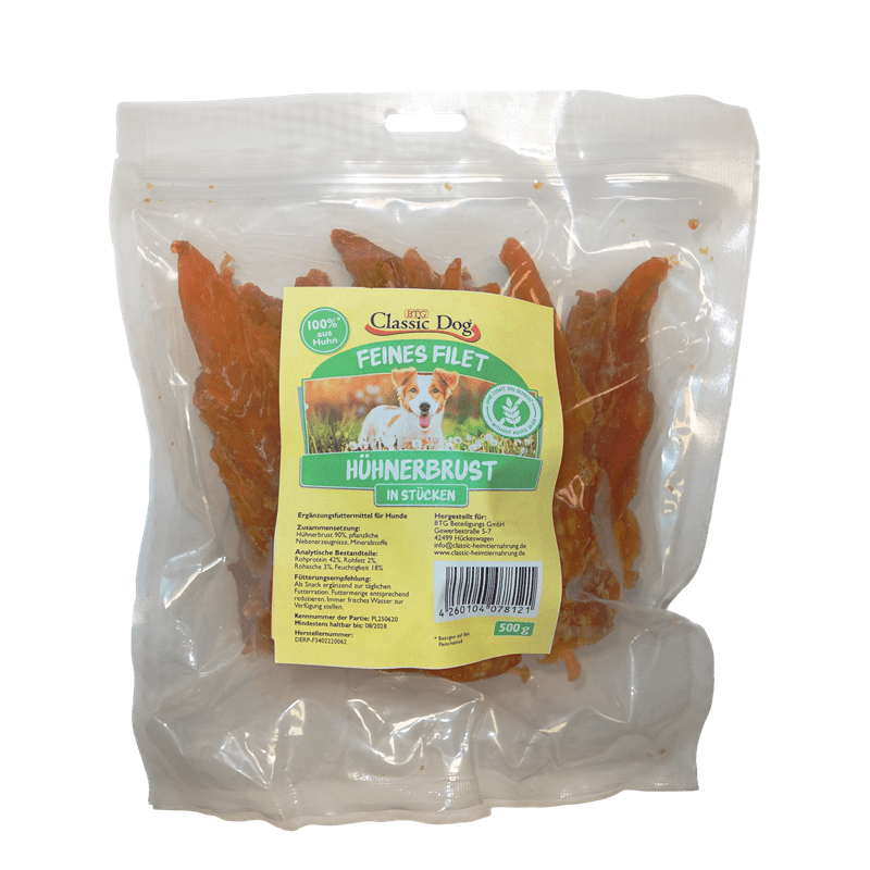 Classic Dog Hühnerbrustfilets 500g transparente Packung mit orangefarbenen Hähnchenstreifen