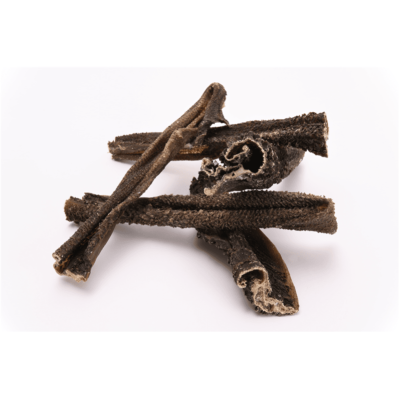 Classic Hunde Snack Lammpansen dark brown dried cylindrical dog treats with fibrous texture and hollow center