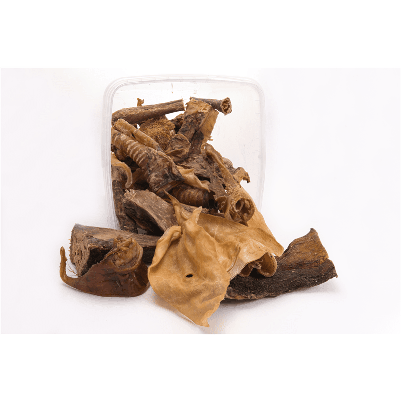 Classic Hunde Snack Super Top Mix in bucket with assorted dried dog treats including bone-like and leaf-shaped chews