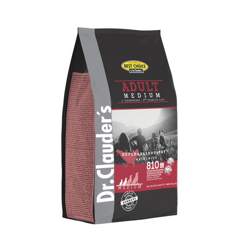 Side view of Dr. Clauder's Best Choice Adult Medium Breed dry dog food packaging