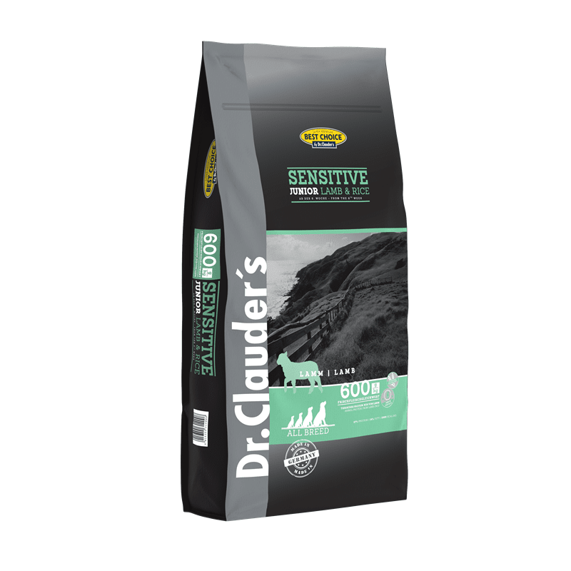 Dr. Clauder's Best Choice Sensitive Junior Lamb & Rice dry dog food 600g side angle with Made in Germany seal