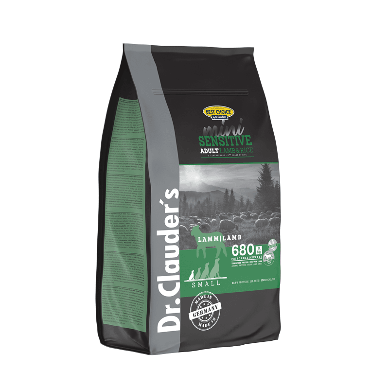 Dr. Clauder's Mini Adult Lamb & Rice dry dog food bag for small dogs
