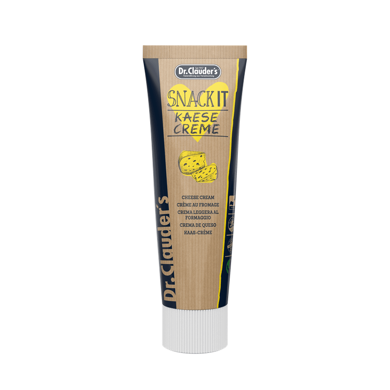 Dr. Clauder's Dog Snack IT Käse Creme squeeze tube with cheese illustration
