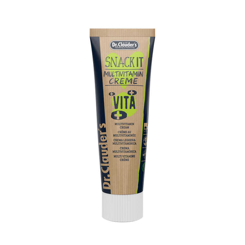 Dr. Clauder's Dog Snack IT Multivitamin Creme tube with green heart logo and kraft paper label