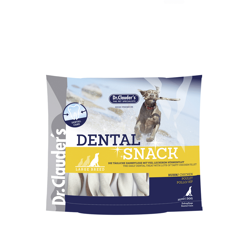 Dr. Clauder's large breed chicken dental dog treats in packaging with bone-shaped snacks for daily teeth cleaning
