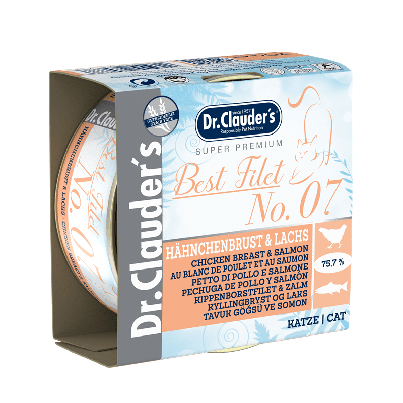 Dr. Clauder's Best Filet No7 grain-free cat wet food can with chicken breast and salmon